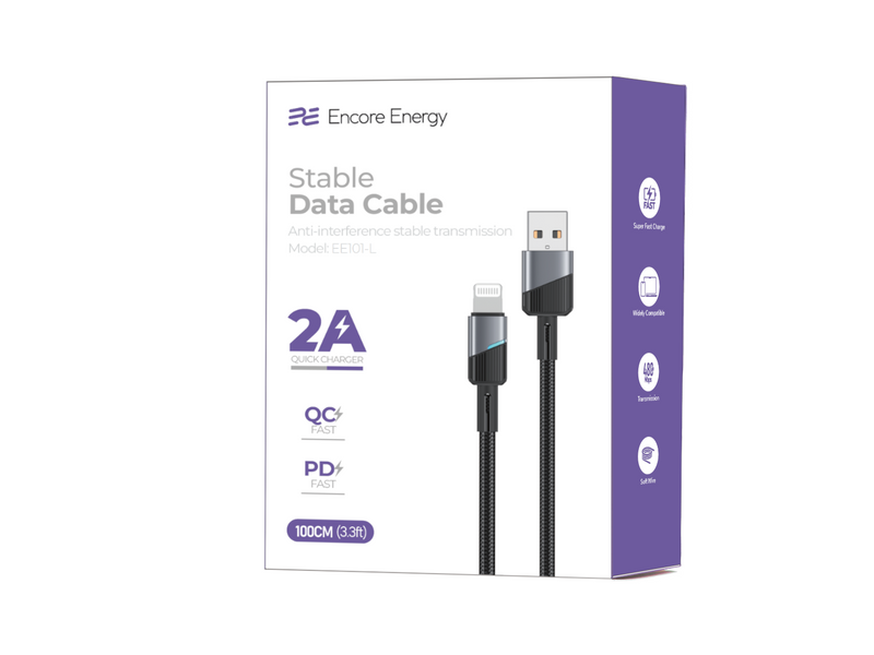 Kabel Encore Energy USB-A Lightning przewód QC PD braided czarny EE101-L