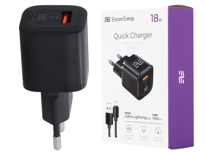 Ładowarka 18W USB QC + kabel USB - Lightning 100cm Encore Energy MD-181mL