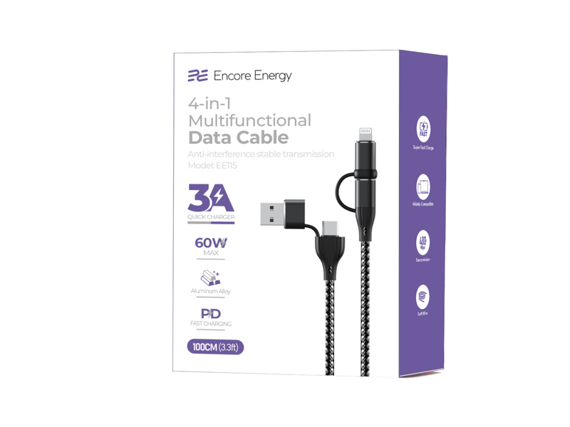 Kabel Encore Energy 4w1 USB-C USB-A Lightning 3A QC PD 60W braided EE115