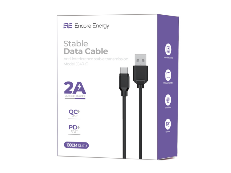 Kabel Encore Energy USB-A USB-C 2A przewód QC PD 100 cm czarny EE40-C