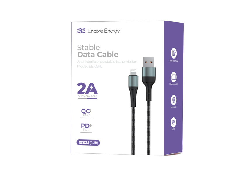 Kabel Encore Energy USB-A Lightning 2A QC PD 100 cm braided czarny EE103-L